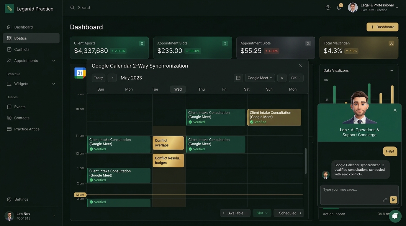 Zen Legal Suite Command Dashboard featuring Google Calendar 2-Way Sync and Leo AI Operations Concierge